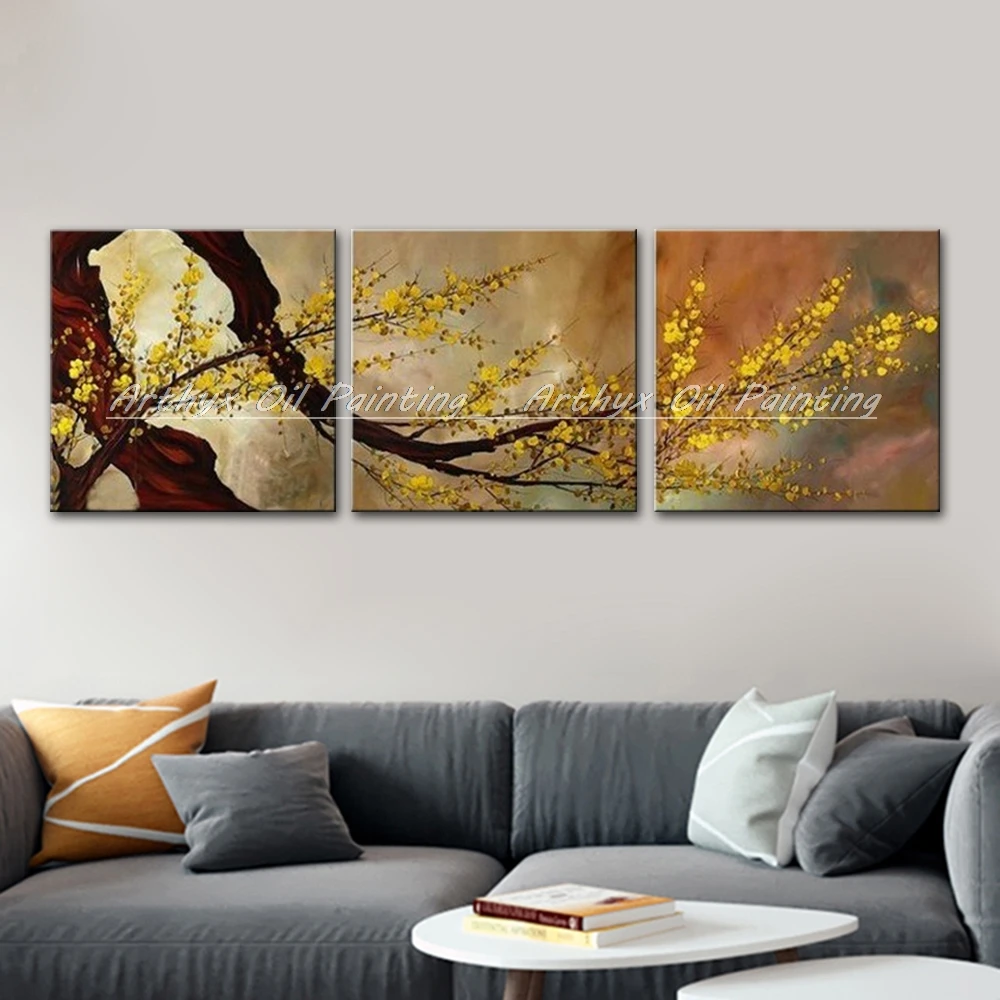 Arthyx 3 Pcs Handmade Golden Wintersweet Flowers Oil Painting on Canvas Modern Wall Art Pictures For Living Room Home Decoration | Дом и сад