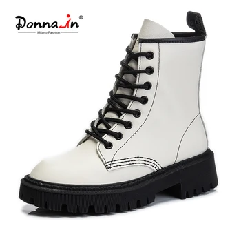 

Donna-in Classic Genuine Cow Leather White Martin Boots Lace Up Chunky Boots Women Platform Boots Autumn Female Shoes Ladies