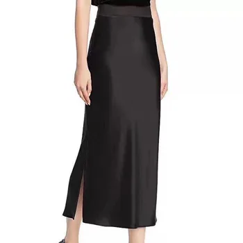 

Women Satin Skirt High Waist Solid Color Elegant Office Lady Split Skirt Spring Autumn