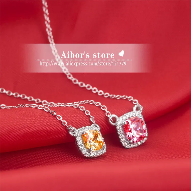 

Clearance sale TN236 2 carat cushion cut sona Simulated Gem Necklace& Pendant for Women Clear / yellow / pink center stone