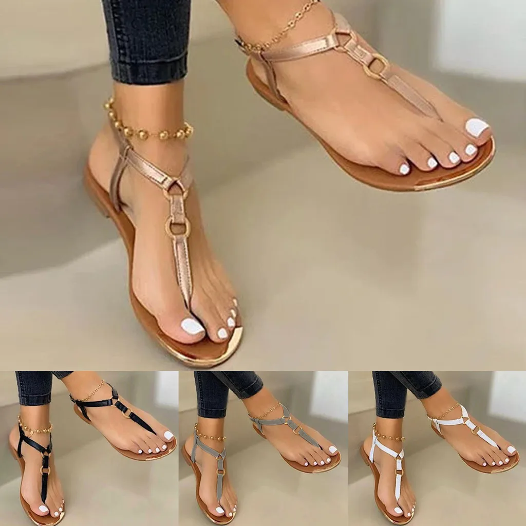 2021 Summer Womens Flip-flops Open Toe Casual Shoes Flats Comfortable Roman Sandals Pu Women Rubber Buckle Strap Femme#3 | Обувь