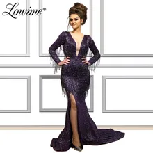 Фиолетовое вечернее платье с кисточками и бусинами, глубокий v-образный вырез, блестящие вечерние платья с длинными рукавами, вечерние платья в арабском Дубае, турецкое платье для выпускного вечера