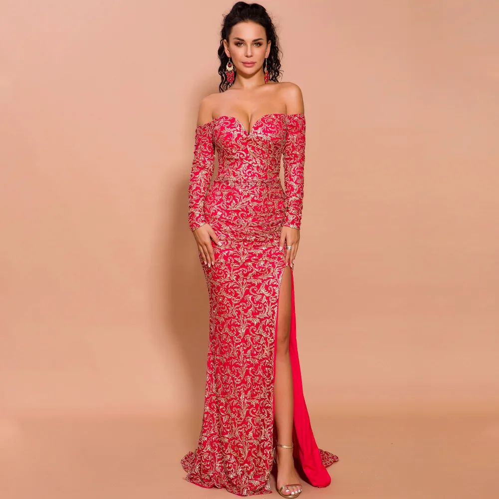 

2019 Sexy BRA Long Sleeve Off Shoulder Sequin Backless Dresses Women Skinny Maxi Party Elegant Dress Vestidos de fiesta