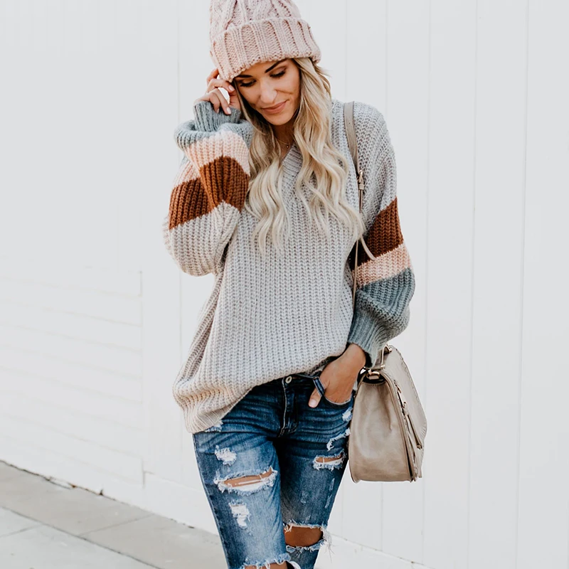 

Women Autumn Sweater Contrast Color Loose Casual Sweater Pullovers Women