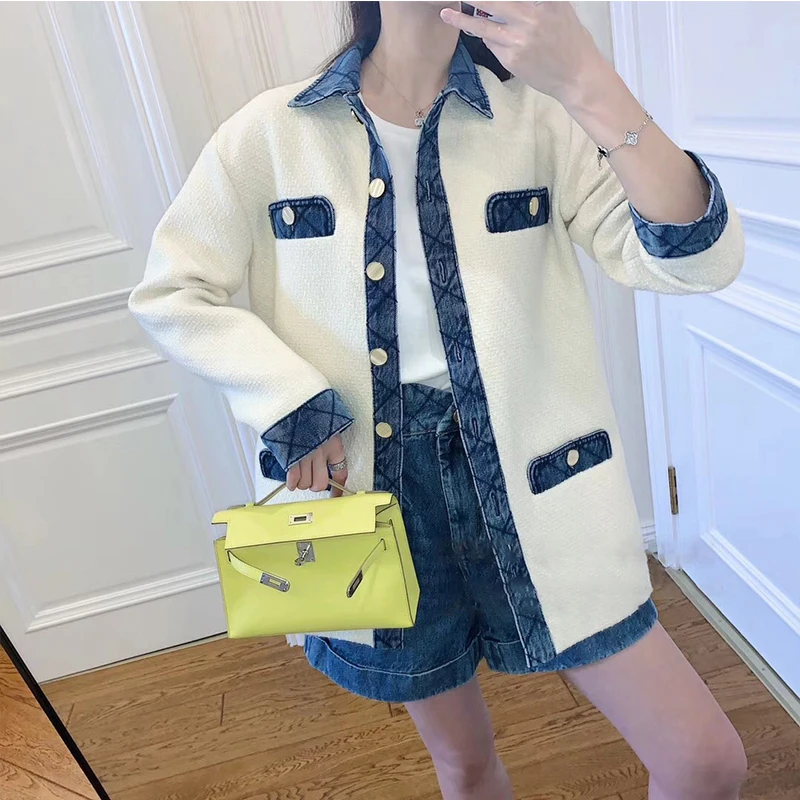

2020 Spring New Denim Patchwork Tweed Coat Women Simple Long Sleeve Loose Jacket