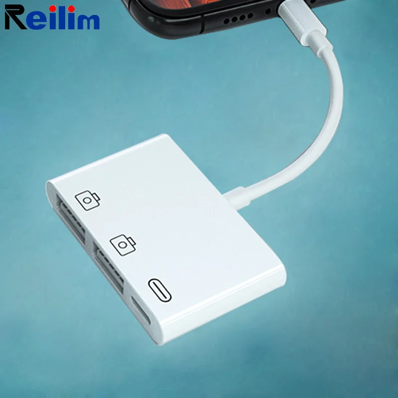 Reilim New OTG Double USB Adapter for iPhone 8 X iOS 14 USB camera U flash drive converter for lightning USB cable headphones
