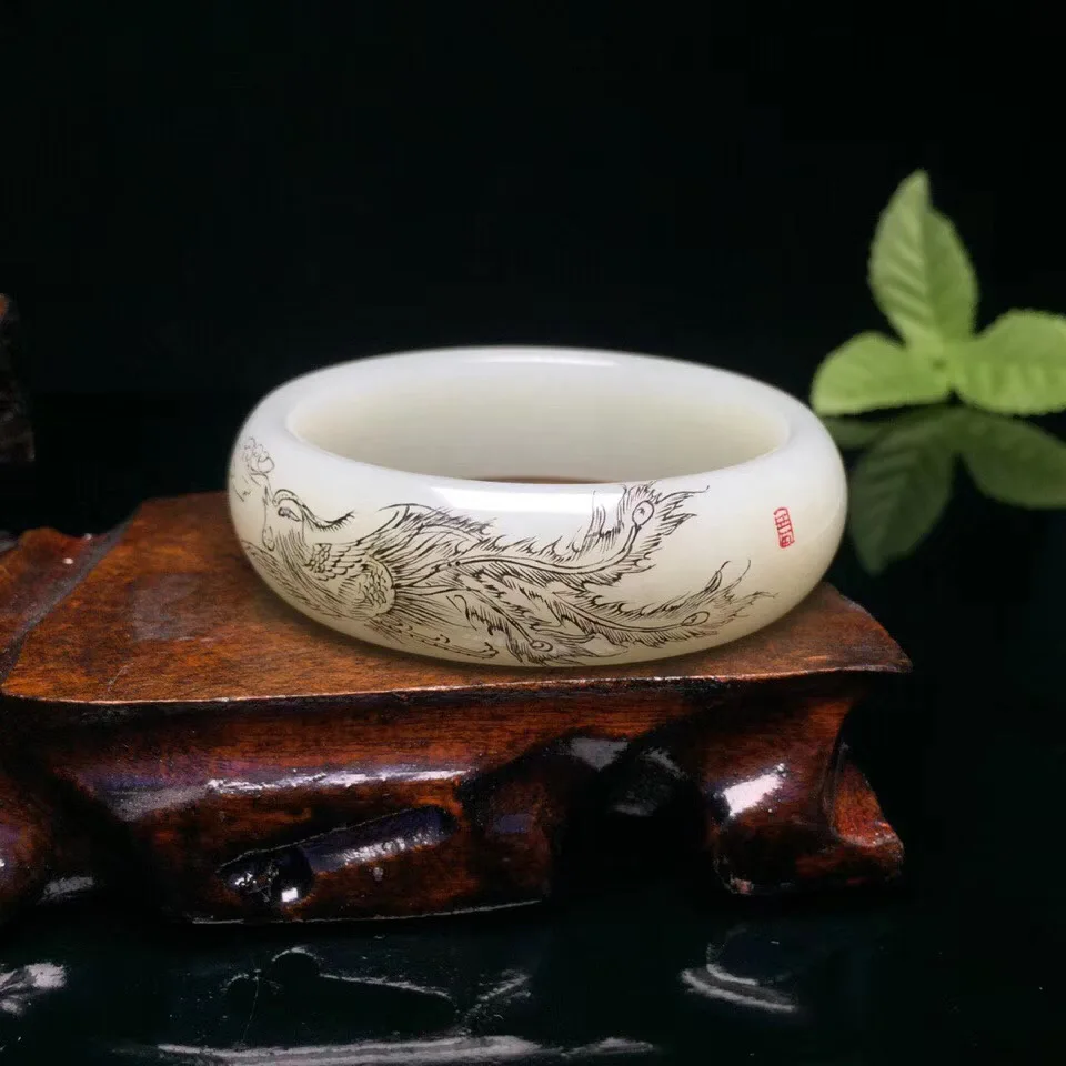 Hetian Белый нефритовый резной браслет. Текстура прозрачная и hand-carved.hw01
