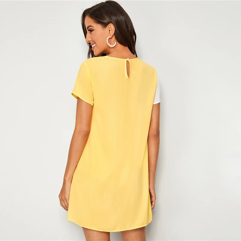 SHEIN, расшитое блестками, Colorblock(цветовой блок), туника короткое платье; Для женщин вырез на спине короткий рукав с круглым вырезом и шорты для женщин прямые свободные Повседневное платья