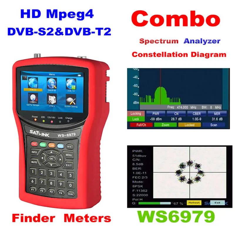 Satlink ws 6979 DVB S2 & T2 комбинированный измеритель сигнала спектра спутниковый finder метр