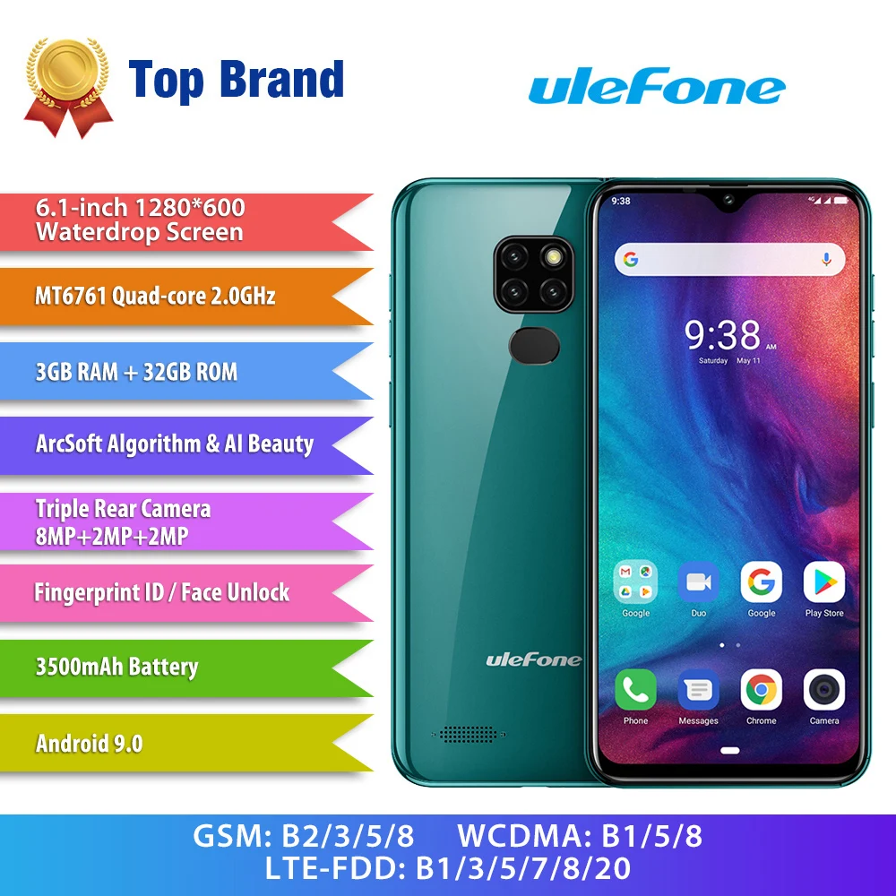 Смартфон Ulefone Note 7P Android 9 0 четырёхъядерный 3500 мАч 6 1 дюймовый экран Waterdrop 3 Гб + 32 ГБ