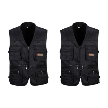 

2 Pcs Men's Fishing Vest with Multi-Pocket Zip for Photography / Hunting / Travel Outdoor Sport Black, XXL & XL