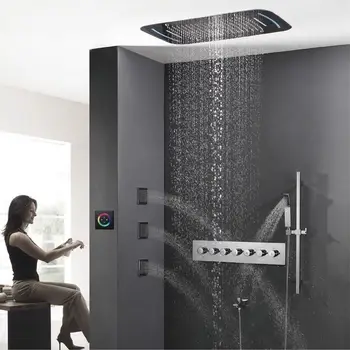 

New Ceiling Embedded LED Shower Set With Three 4-Inches Body Jets Thermostatic Multifunction color change Bathroom Shower Set