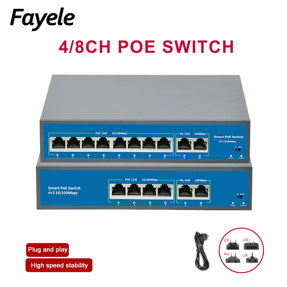 Стандартный 4CH 8CH 48V коммутатор питания через Ethernet 120W Мощность over Ethernet 10/100 Мбит/с 250 м 15,4 W/30 W IEEE 802,3 af/at для ip-камера Беспроводной AP