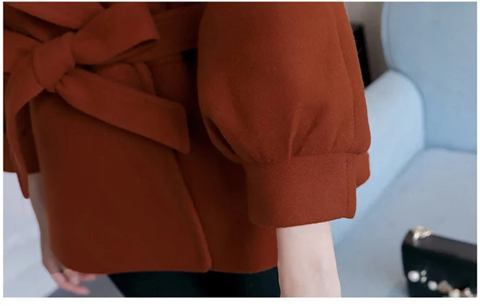 Зимнее женское приталенное элегантное шерстяное пальто с отложным воротником, женское короткое пальто из смешанной ткани с рукавами-фонариками