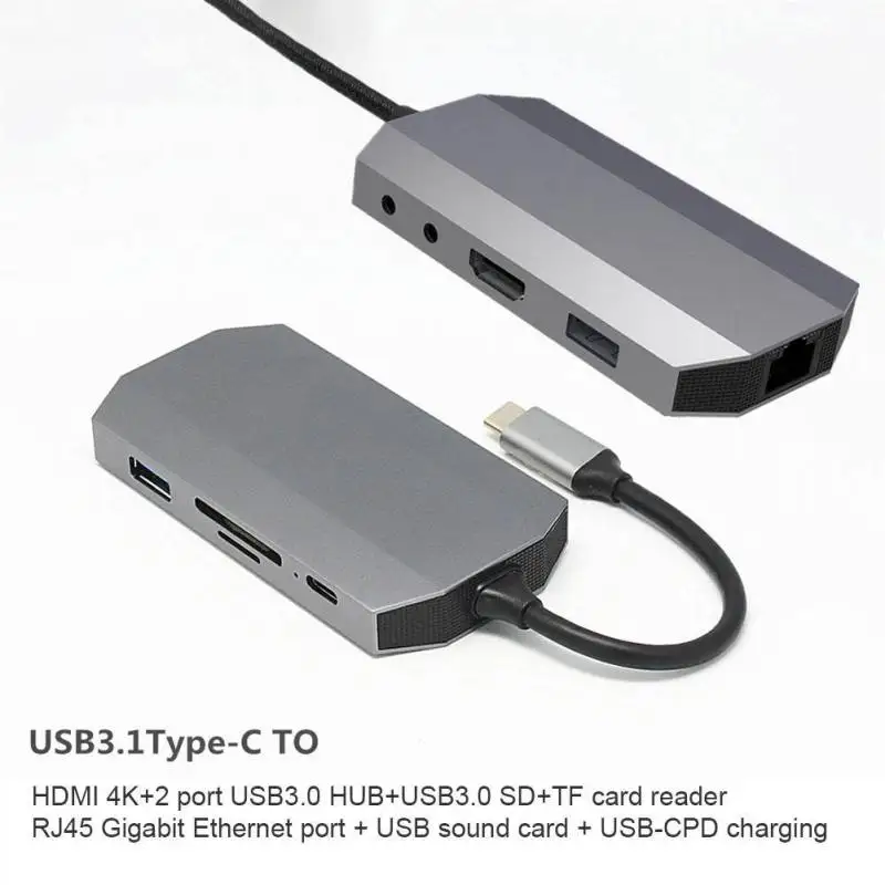 9 в 1 USB концентратор type-C к HDMI 4K 2 порта USB3.0 концентратор SD TF кардридер RJ45 USB звуковая карта 3,5 мм аудио разъем USB-C зарядка PD 11