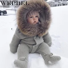WEPBEL/Детский комбинезон для маленьких мальчиков и девочек; свитер с длинными рукавами и пуговицами; сезон осень-зима; теплые милые модные комбинезоны с меховым капюшоном