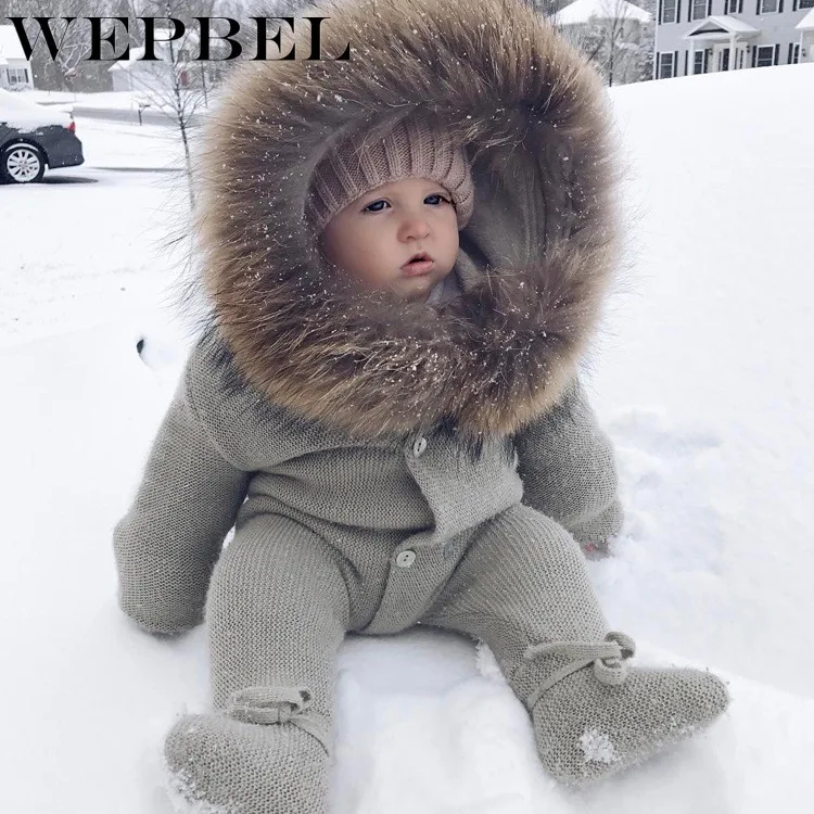 

WEPBEL Boys Girls Kids Babies Baby Romper Sweater Full Sleeve Button Autumn Winter Warm Cute Fur Hooded Fashion Rompers