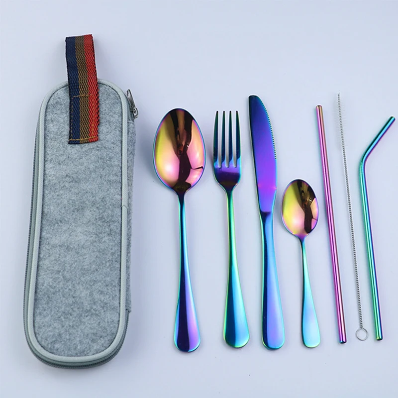 8pcs-s-color-grey 8 шт. красочный праздничный набор столовых приборов золотой набор посуды из нержавеющей стали Портативный набор столовых приборов Органайзер набор столовых приборов посуда для путешествий - Цвет: 8pcs-s-color-grey