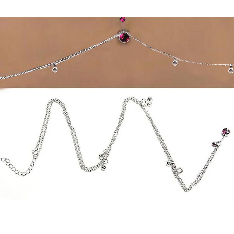 Rhinestone Crystal Bar Waist Chain Stainless Steel Pendant Piercing Belly Barbell Navel Ring With 2 Colors |
