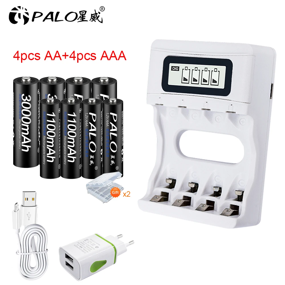 Palo AA AAA зарядное устройство с ЖК-дисплеем умное быстрое USB зарядное устройство+ 1,2 в AA 2A перезаряжаемая батарея+ 1,2 в Ni-MH предварительно заряженные 3A AAA батареи - Цвет: 4 AA 4 AAA 1 charger