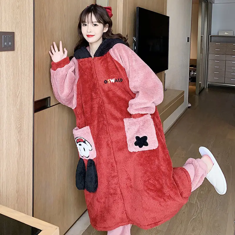 2pcs-shirt-pants-pajamas-suit-cartoon-nightwear-coral-fleece-sleep-sets-nightgown-cute-sleepwear-lady-homewear-bathrobe-gown