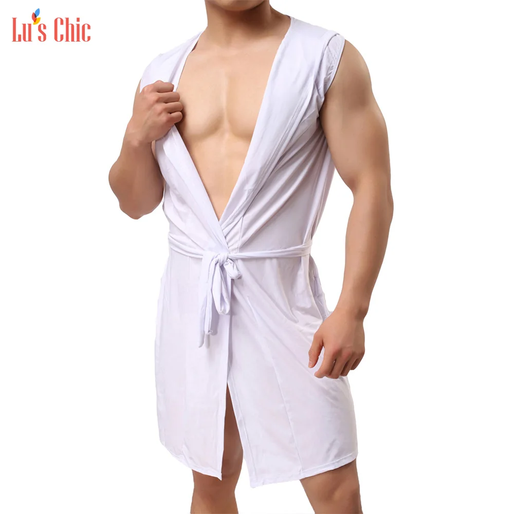 Lu's Chic Men Hooded Kimono Robe Sleeveless Slip Bathrobe Lightweight Sleepwear Night Robes