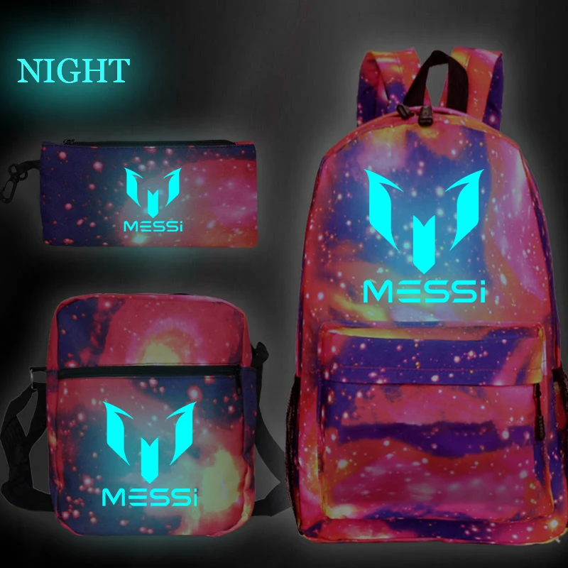 Messi светящиеся принты Mochilas Escolar для мальчиков и девочек школьные рюкзаки, сумки для путешествий Bolsa Escolar с сумкой через плечо пеналы для ручек