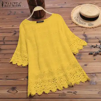 

Plus Size Women Tops and Blouses ZANZEA Female Sexy Hollow Out Shirt Sweet Girl Blusas Ladies Embroidery Lace Tunic Tops Chemise