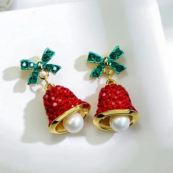 

Christmas Gifts Earrings Girls Women Jingle Bell Earrings Green Red Rhinestone Bell Earrings Cute Crystal Bow Fashion Jewelry