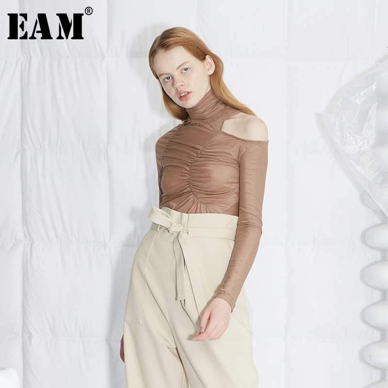 [EAM] женская черная плиссированная футболка с открытыми плечами и разрезом, новая модная футболка с высоким воротником и длинным рукавом, весна-осень, 1H651