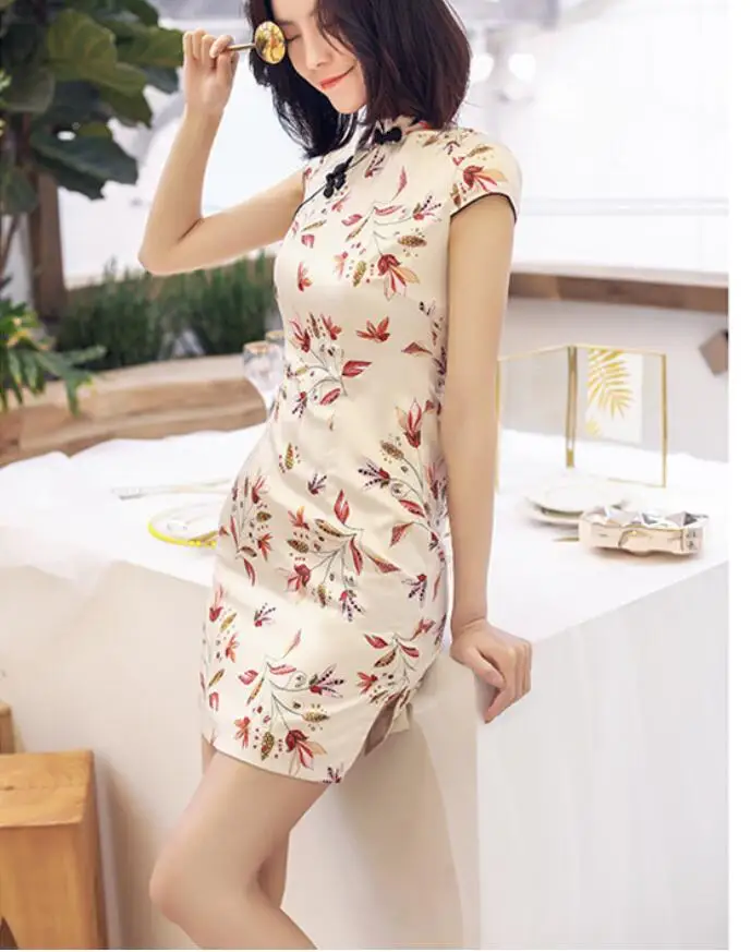 Летнее женское китайское платье шелковое атласное Сексуальное Мини cheongsam женская Роба в восточном стиле с цветочным принтом плюс Размер qipao современный винтажный