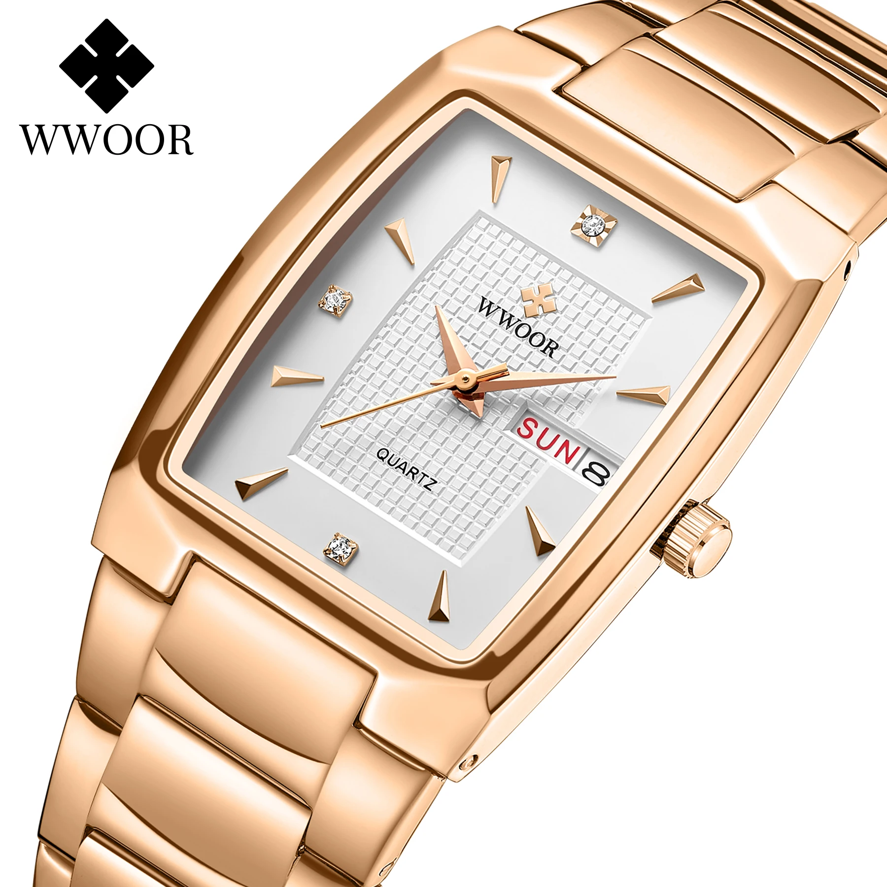 Watches Men WWOOR Brand Casual Simple Men's Quartz Clock Rose Gold Square Waterproof Week Display Wristwatches Relogio Masculino
