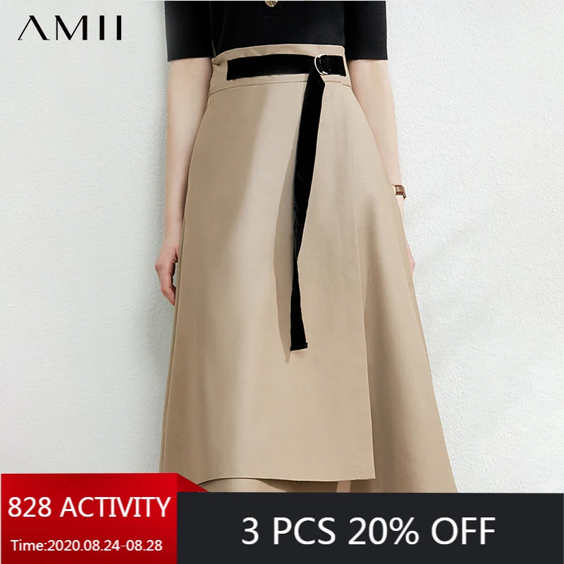AMII Minimalism Autumn Fashion Solid Belt Women Skirt Causal High Waist Aline Irregular Hem Female Skirt 12040091 AMII Minimalism Autumn Fashion Solid Belt Women Skirt Causal High Waist Aline Irregular Hem Female Skirt 12040091