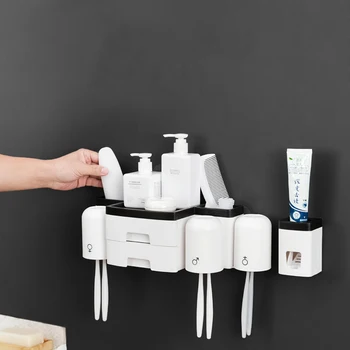 

Toothbrush Holder Inverted Automatic Toothpaste Dispenser With Cup Wall Mount Toiletries Storage Rack Bathroom Accessories Set