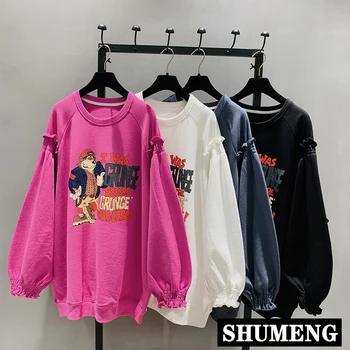 

2020 Spring New Women Bat Sleeve Loose Terry Cotton Shirt Mid-Length Cartoon Printed Sweatshirt Lazy Wind Ins Hoodie Teenagers