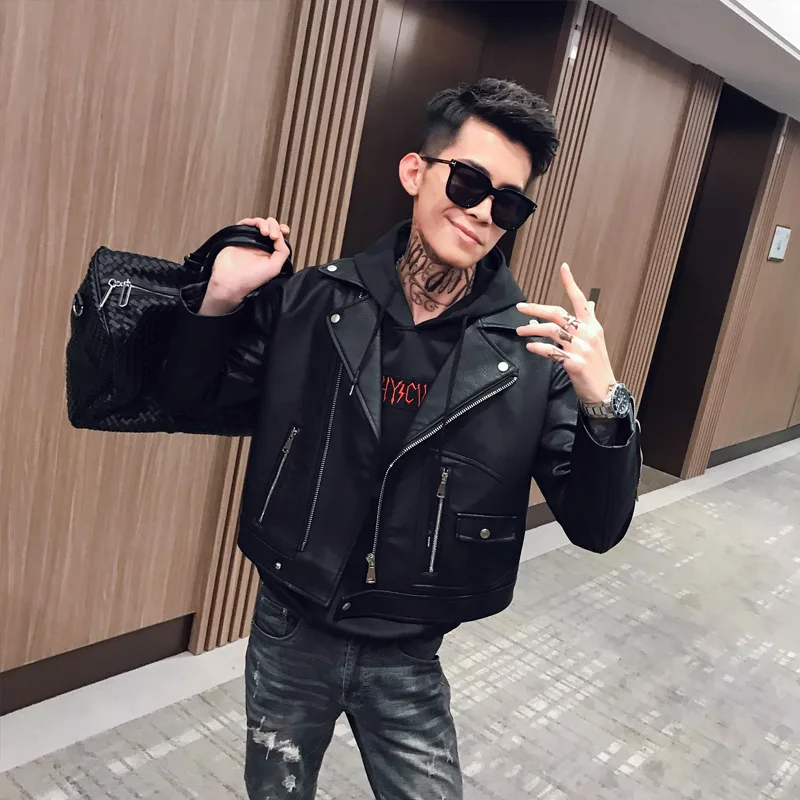 

Hot Selling 2019 Autumn And Winter New Style MEN'S Leather Coat Social Fella Fashion Wide Slim Fit Flower Short Leather Jacket C