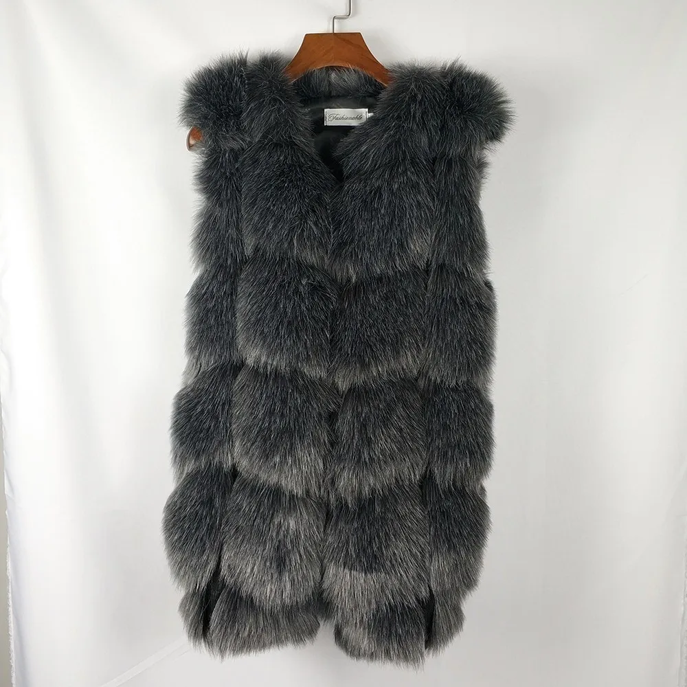 Dark Grey Пальто из искусственного меха, женская меховая жилетка, роскошная, серебряная лисица, высокое качество, теплая зимняя женская куртка, жилетка, 4XL, верхняя одежда, пальто - Цвет: Dark Grey