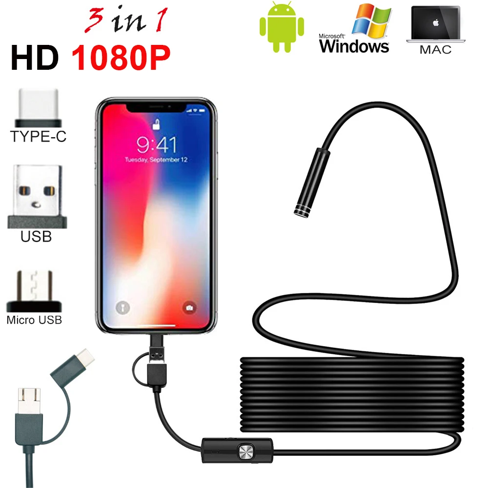 8,0 мм эндоскоп Камера 1080P HD USB эндоскоп с 8 светодиодный 1/2/5 м Кабель для программирования в Водонепроницаемый инспекционный бороскоп для андроида ПК