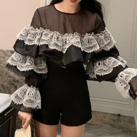 HIGH STREET/Новинка, стильный костюм для подиума, комплект, женская блузка с каскадными оборками, комплект с шортами - Цвет: Черный