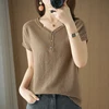 FRSEUCAG Fashion all-match new cotton and linen knitted short-sleeved ladies v-neck cotton T-shirt thin section summer pullover ► Photo 3/6