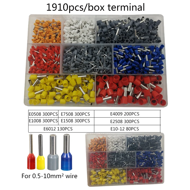 Упакованный в коробку трубчатый терминал различные стили электрической проводки разъем обжимной изолированной трубки терминалы комплект костюм - Цвет: 1910pcs