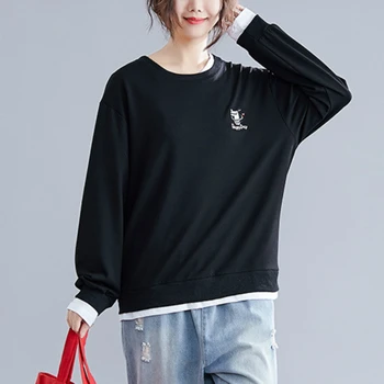 

Autumn Oversize Sweatshirts Loose Cartoon Embroidery Fake Two Piece Long Sleeve Elegant Casual Tops TA1796