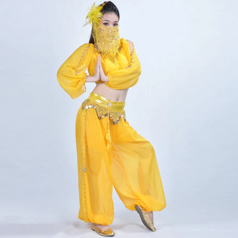 Женский сексуальный Болливуд набор костюма для танца живота индийское сари танец живота брюки костюм шифон вуаль танец живота представление Блум костюм - Цвет: Yellow