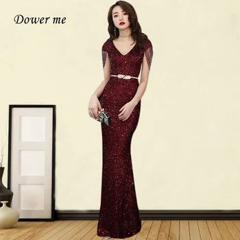 

Burgundy Mermaid Evening Dress GK053 Sequined Women Party Dresses V-Neck Short Sleeve Formal Gown Beading Tassel Robe De Soiree