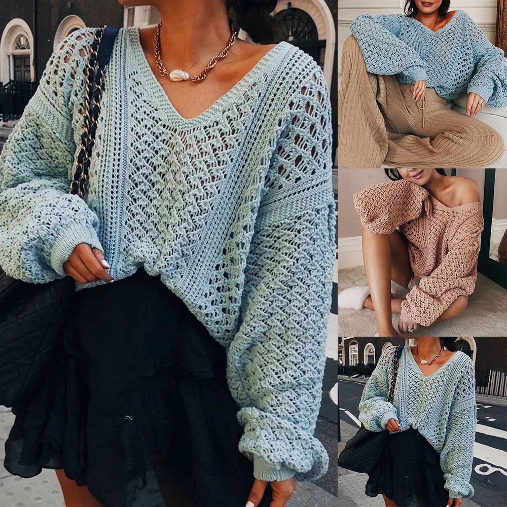 

2020 Women Knit Sweater Thin Loose Female Pullover V-Neck Hollow Out Knitted Long SLeeve Cold Shoulder Lady Autumn Blue Pink Top