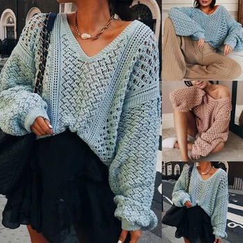 2020 Women Knit Sweater Thin Loose Female Pullover V-Neck Hollow Out Knitted Long SLeeve Cold Shoulder Lady Autumn Blue Pink Top light blue cold shoulder thin strap top
