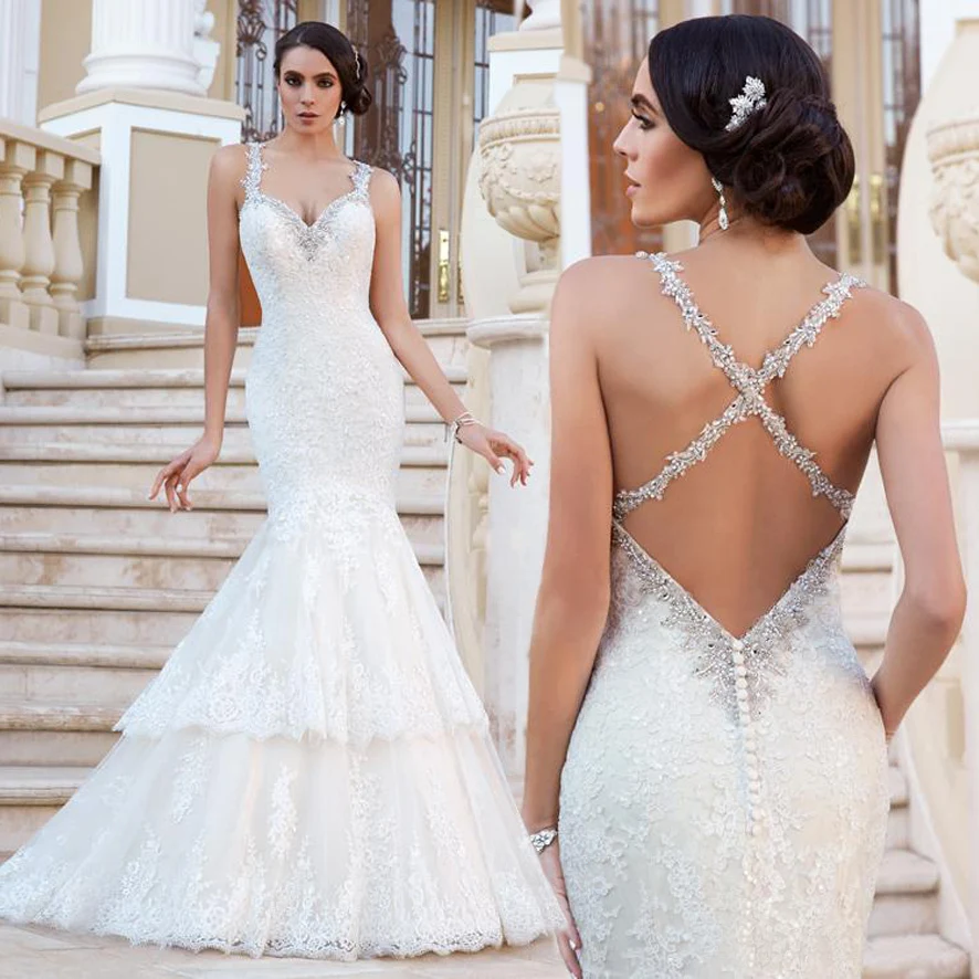 

Cross vestido de noiva Back Spaghetti Straps Trumpet Mermaid Wedding Dresses Lace Applique Beads Sequin 2019 Bridal Gowns