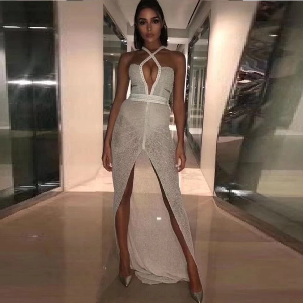 

2019 Fashion Silber Sleeveless High Split Women Long Maxi V Neck Halter Clubwear Vestidos Summer party Night Wholesale