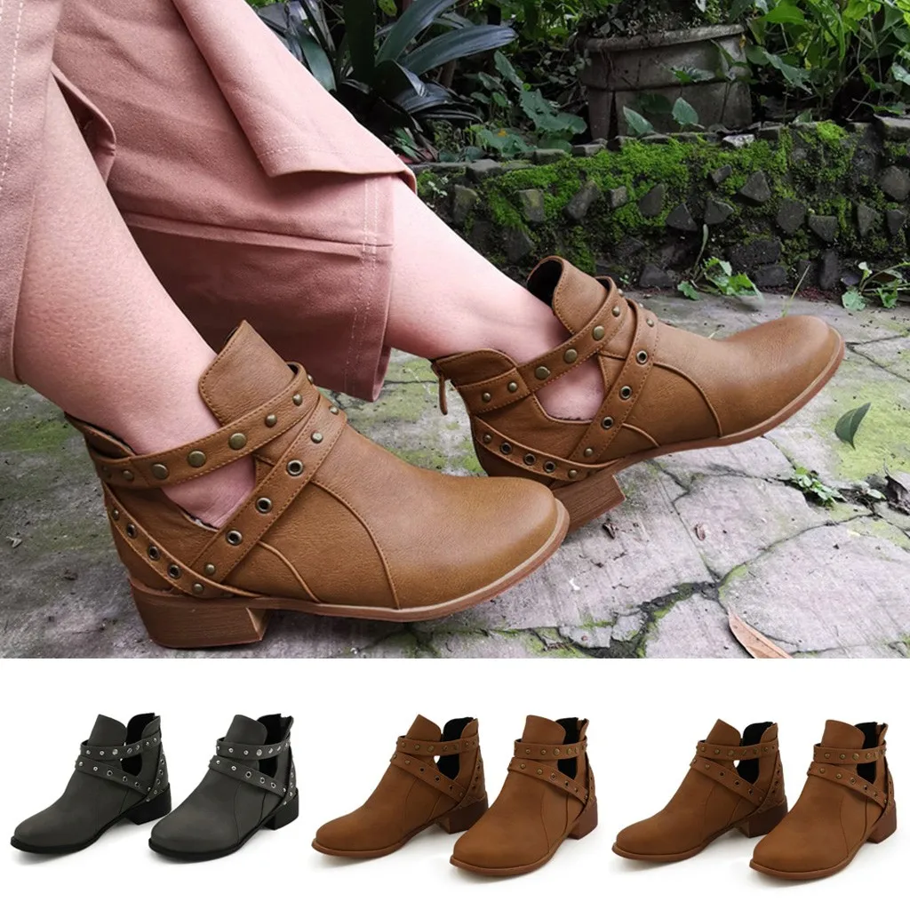 

2020 autumn Winter new Fashion Women Rivets Square Heels Zipper Solid Color Short Boot Round Toe Shoes Casual Shoes women #O22