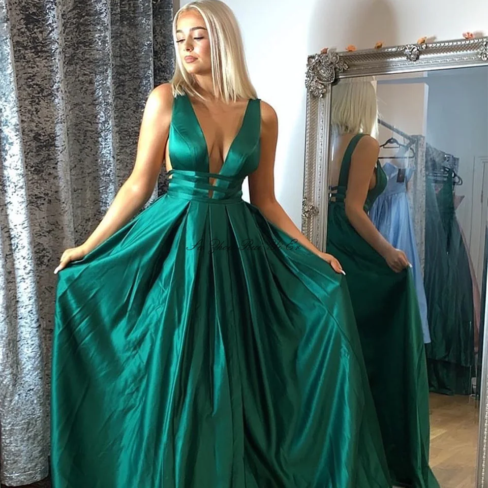 Robe De Soiree Сексуальная туника с v-образным вырезом, платья для выпускного вечера с низким вырезом на спине, платье на выпускной, детские зеленые атласные платья A-образной формы с длинными торжественное платье для вечерние Праздничное платье
